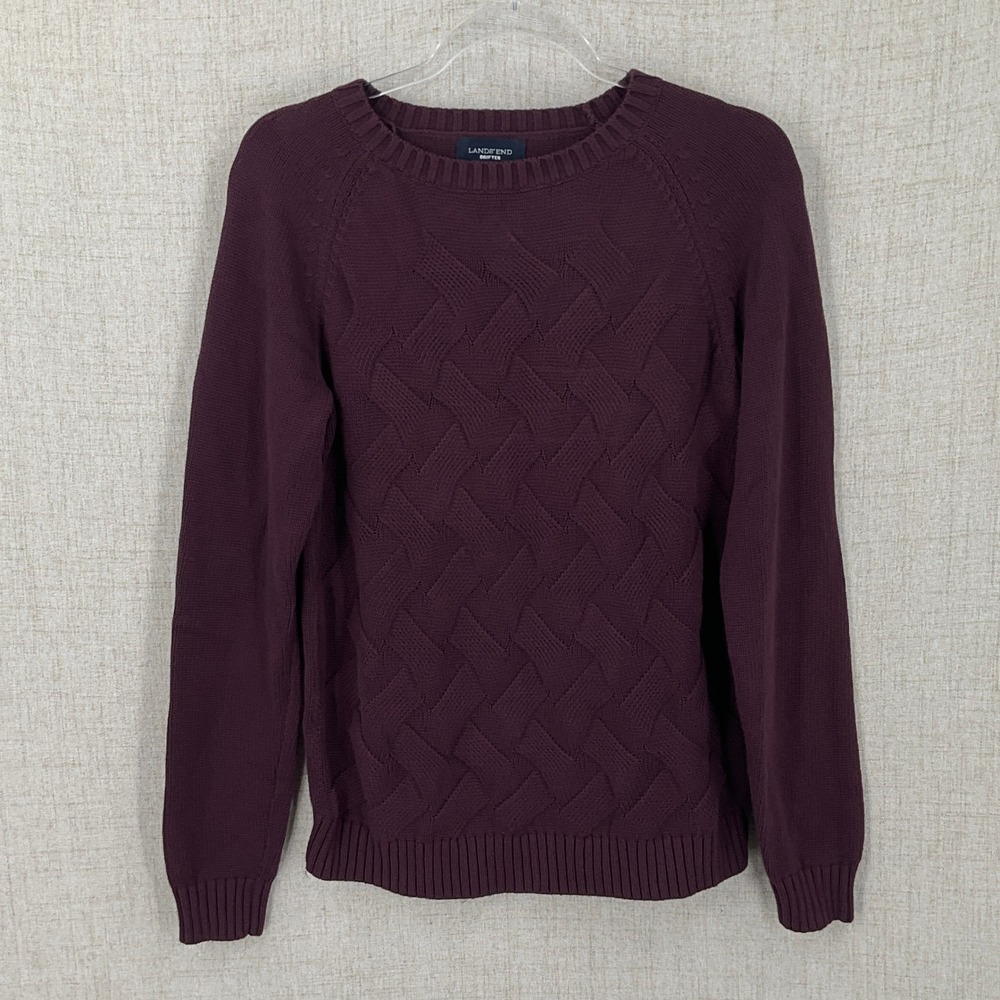 Lands End Drifter Sweater Boys M 10-12 Burgundy Cotton Basketweave Cable Knit